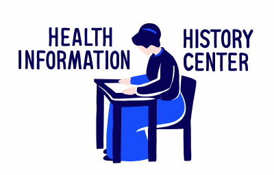 Health Information History Center Logo with a woman in period clothing sitting at a desk